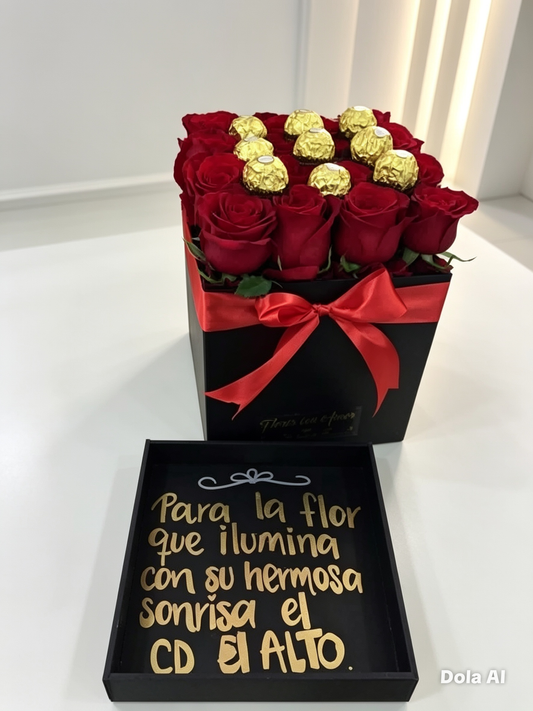 Caja con rosas y chocolates